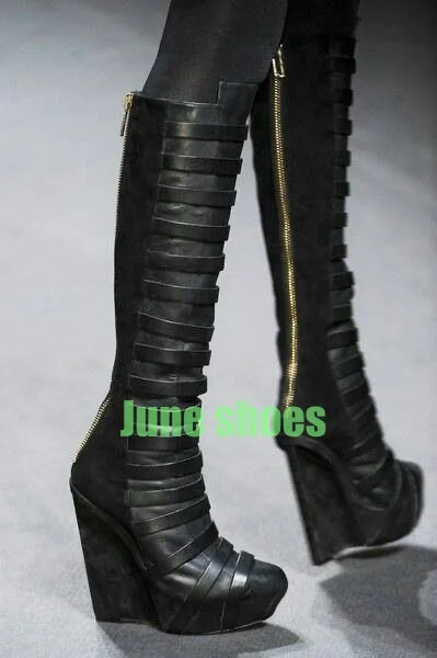 

Lady Black Vintage Gladiator Suede Wedges Heel Boots Platform Back Zipper Ankle New Arrive Runway Pu Party Footwear Size 34-46