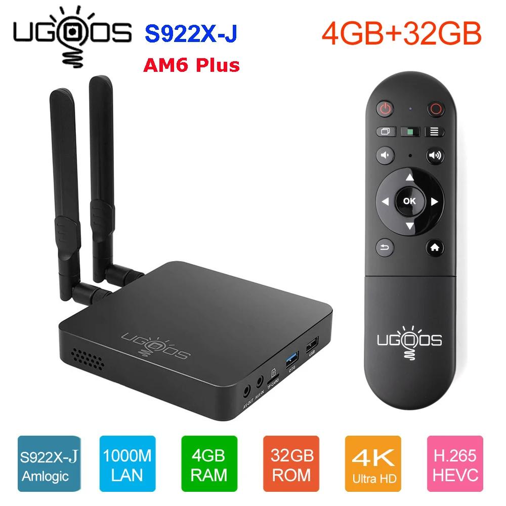 UGOOS-Caixa de TV inteligente Android, Media Player Set Top Box, Amlogic S922X-J, DDR4, 4GB, 32GB, BT 1000M, AM6B Plus, WiFi 6, Android 9.0