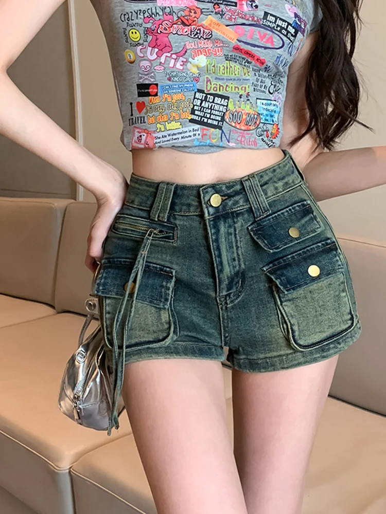 

2025 women's new spicy girl elastic slim fit workwear versatile denim shorts with multiple pockets mini shorts for all seasons