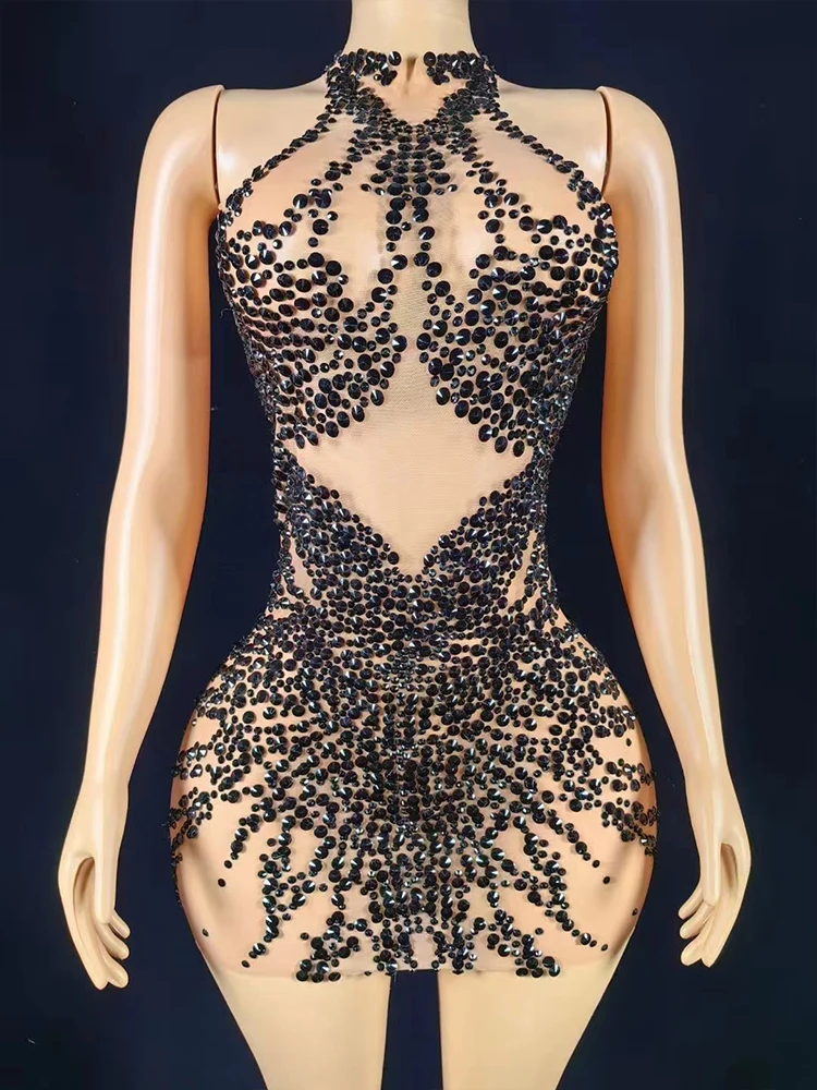 High Quality Rhinestone Sexy Mesh Hanging Neck Elastic Dress 2025 New Fashionable Custom Women'S Clothing