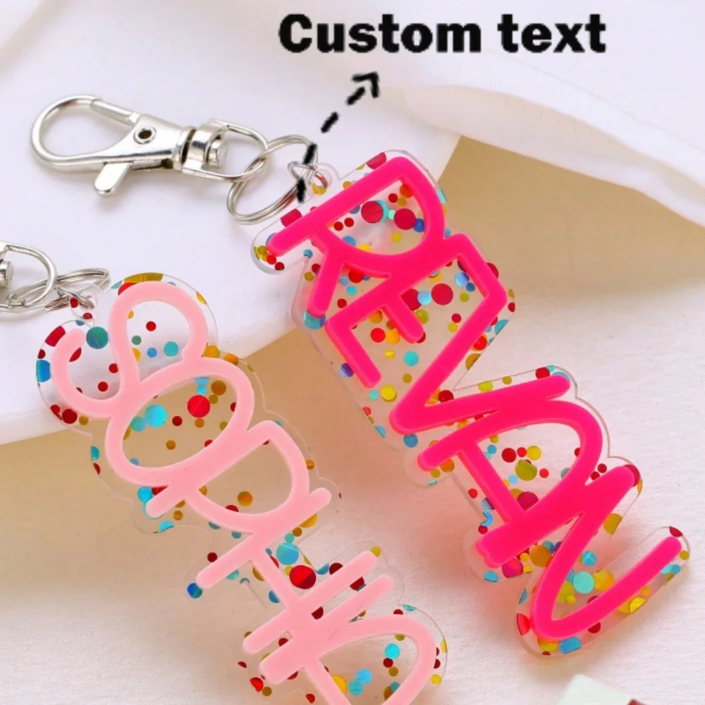 2025 1pc Custom Glitter Acrylic Keychain Colorful Dots with Name Tag Backpack Luggage Keychain Pendant Gift