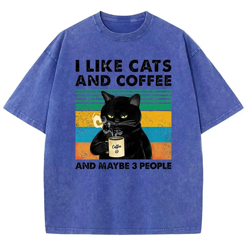 Black I Likecat'S And Coffee And Maybe 3People T Shirts Man Chic Shoulder Drop Tshirt Design Cool T-Shirt Senior Oversized Tops