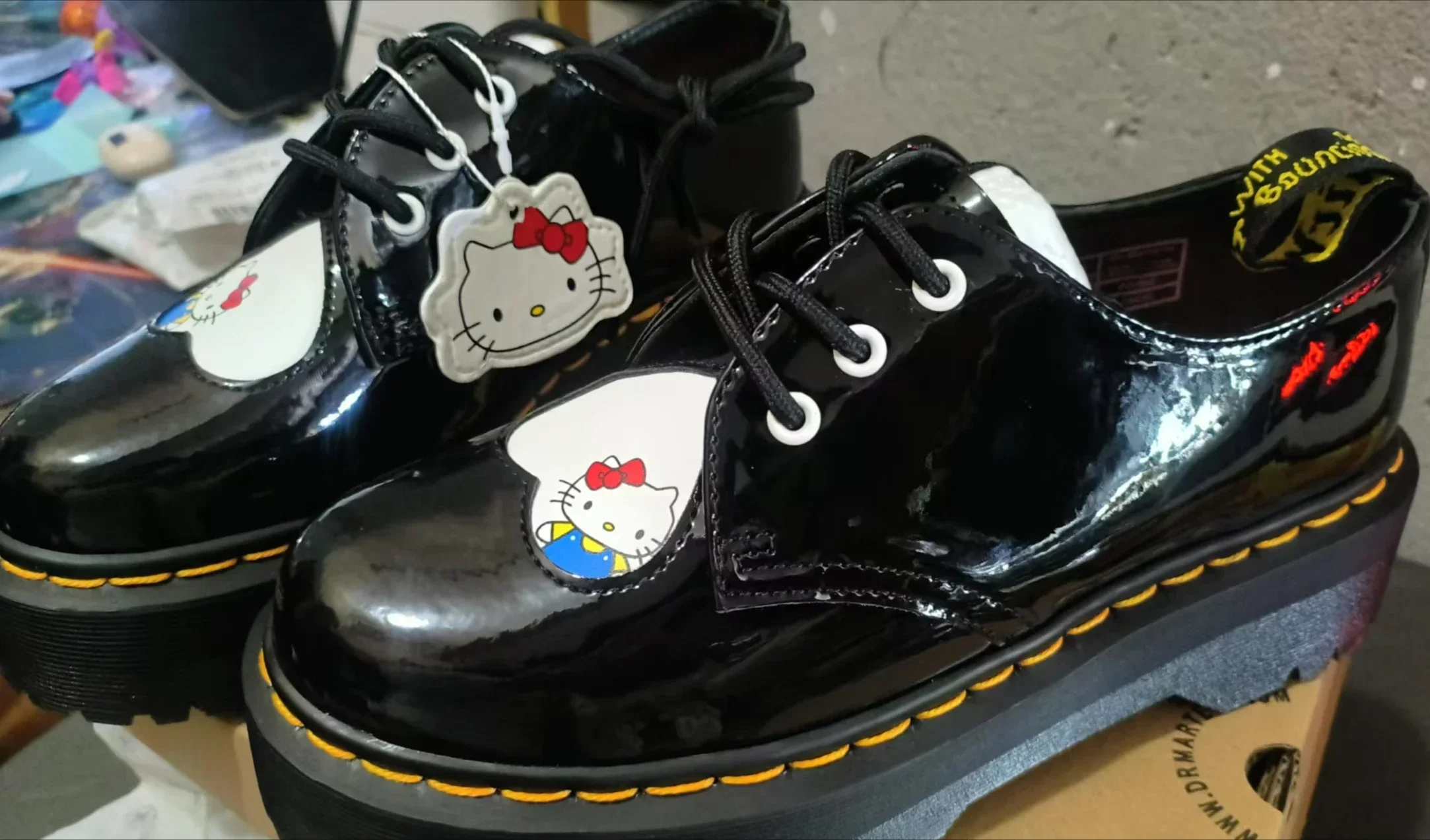 Hello Kitty Leather Shoe Miniso Jointly-designed Heart Splice Thick Bottom Martin Shoes New Waterproof Wear-resist Fashion Shoe