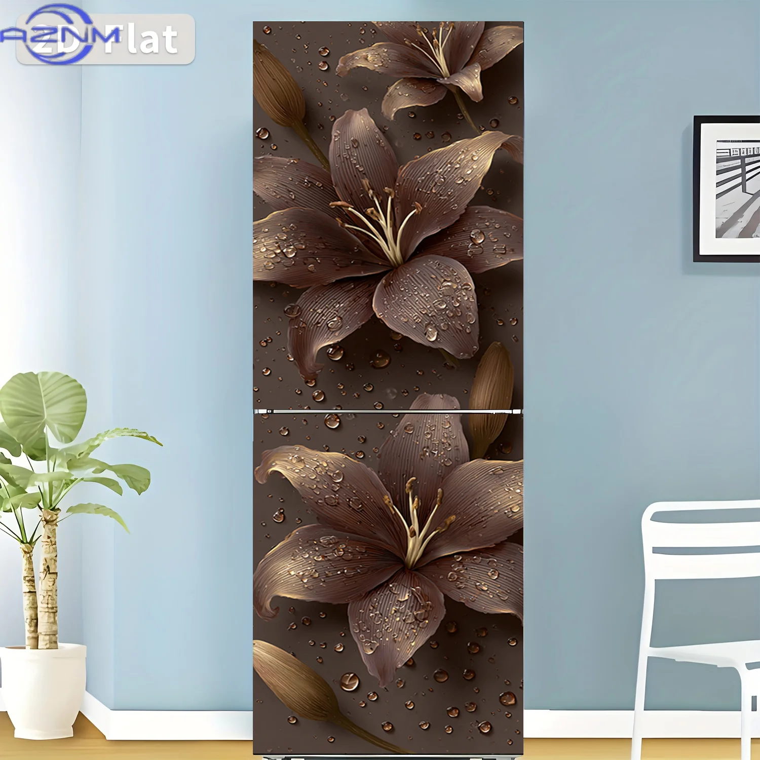 2D Flat Printing 1pc Refrigerator Sticker 60×180cm Deep Brown Lily Waterdrop Pattern Themed Design Wall Sticker Decorative Wal