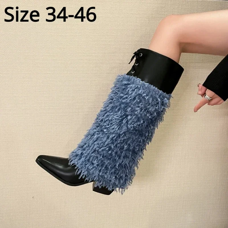 

New Tassel Cross Strap Nightclub Spicy Girl Long Boots Women Pointed Plush Autumn And Winter High Heels Knee High Boots Size 46