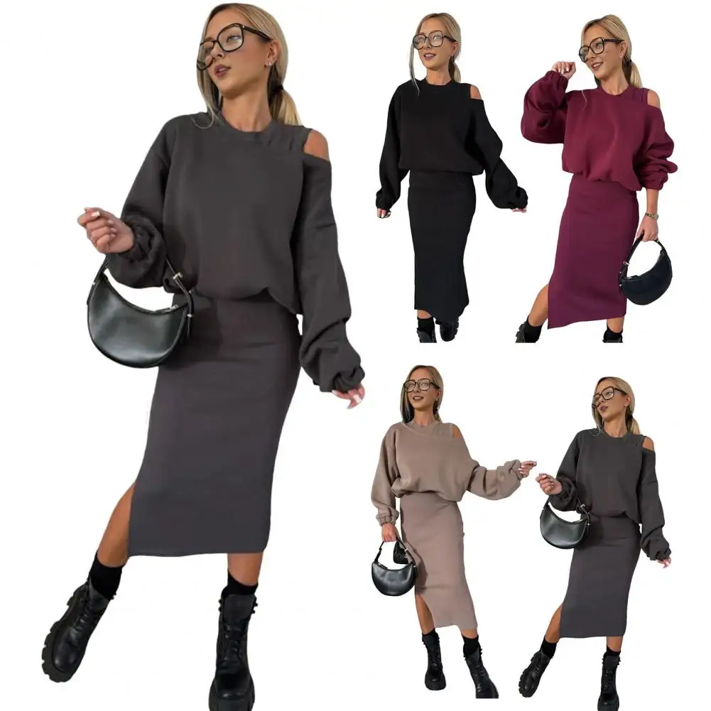 Women Long Dress Suit Women Sweatshirt Dress Set Women\'s Bat Sleeve Sweatshirt Dress Set with Slit Hem Midi Winter for Commuting