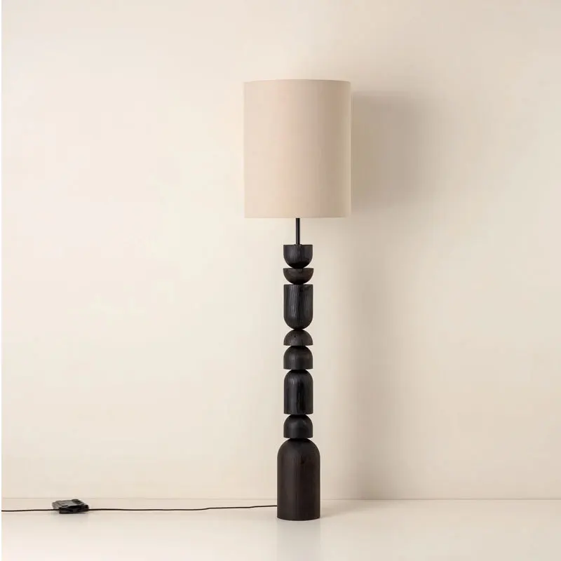 Chinese Vintage Wooden Floor Lamp for Lving Room Home Decor Retro Black Wood Beads Table Lamp with Fabric Lampshade E27 LED Bulb
