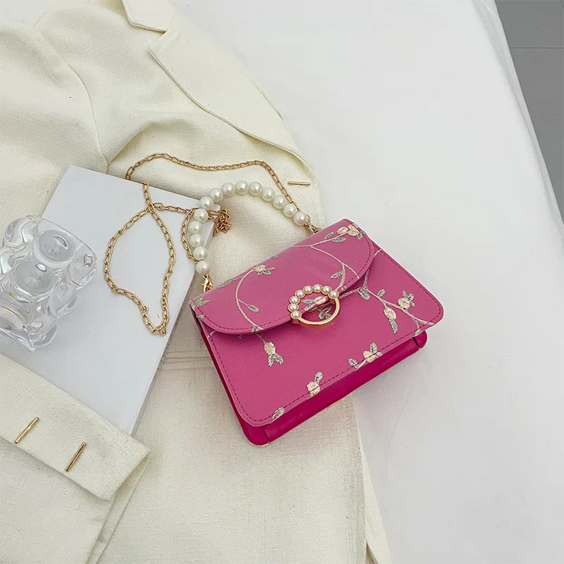 PU Flower Embroidery Shoulder Bags Messenger Vintage Pearl Chain Handbags Female Fashion Flap Crossbody Bags