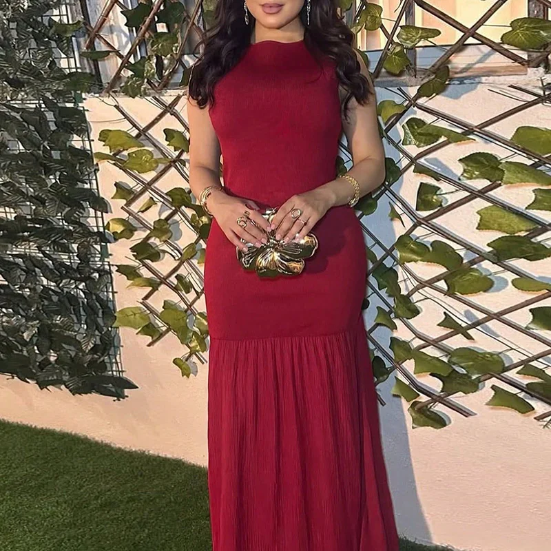 Women Summer Elegant Slim Boho Maxi Dress Fashion O-neck Sleeveless Tank Long Dress Spring Solid Patchwork Knitted Pleated Dress