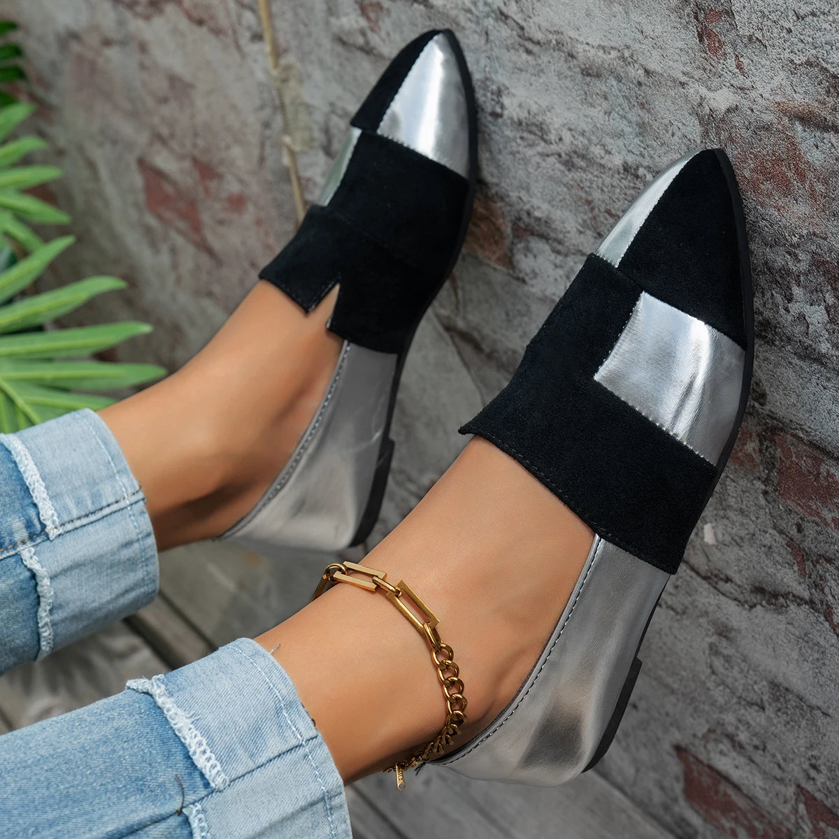 レディースカラーブロックポインテッドトゥローファー：スリッポンカジュアルシューズ、スタイリッシュ通勤通学靴