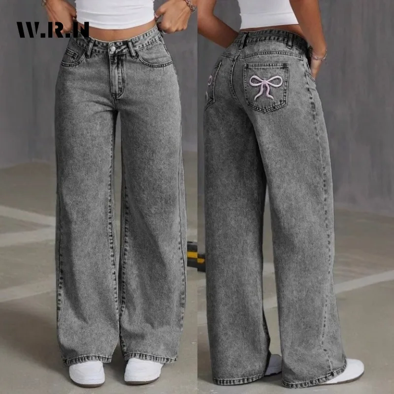 

Vintage Sweet Style Casual Harajuku Jeans Women's Mop Full Length Bow Embroidery Pants Y2K Punk Street Baggy Denim Trouser