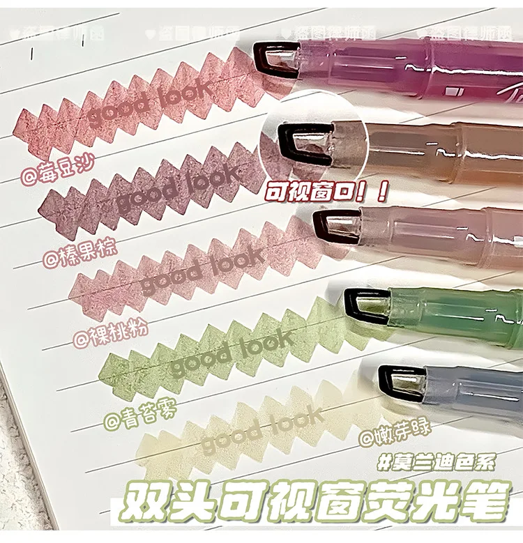 5 Colors-Vintage Double Head Clear View Highlighter Pens Soft Light Colors Visible Tip for Precise Marking Student School Office