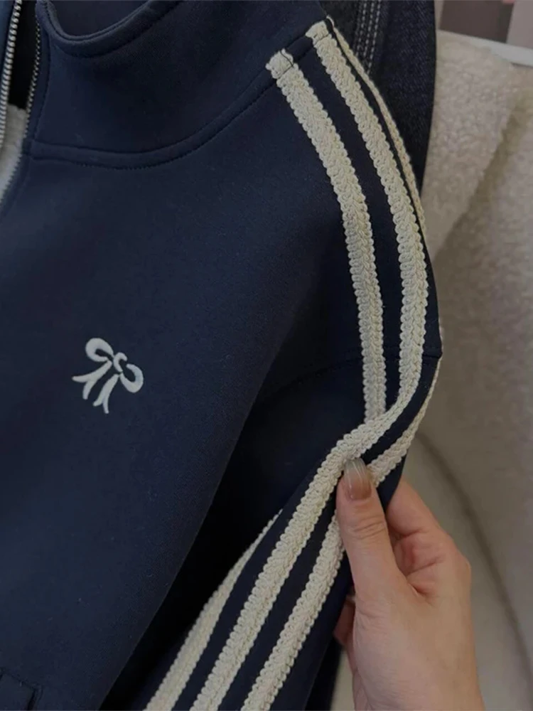 Amerykańska bluza z haftem w węzły, sportowa, długa, ze stójką, odzież wierzchnia damska, premium.