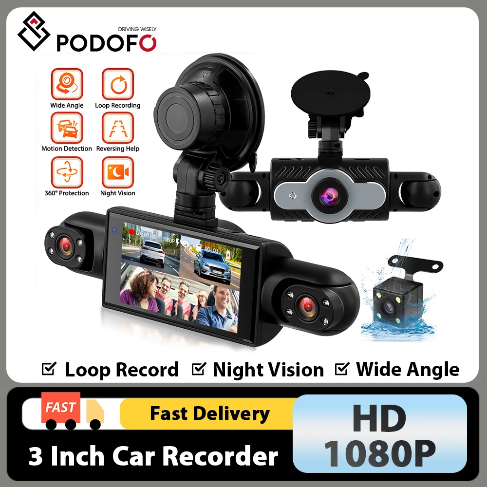 Podofo 3-Zoll 1080P Auto-Dashcam mit Vier Hochauflösenden Kameras Inklusive Links-, Rechts- und Rückkameras mit Bewegungserkennung
