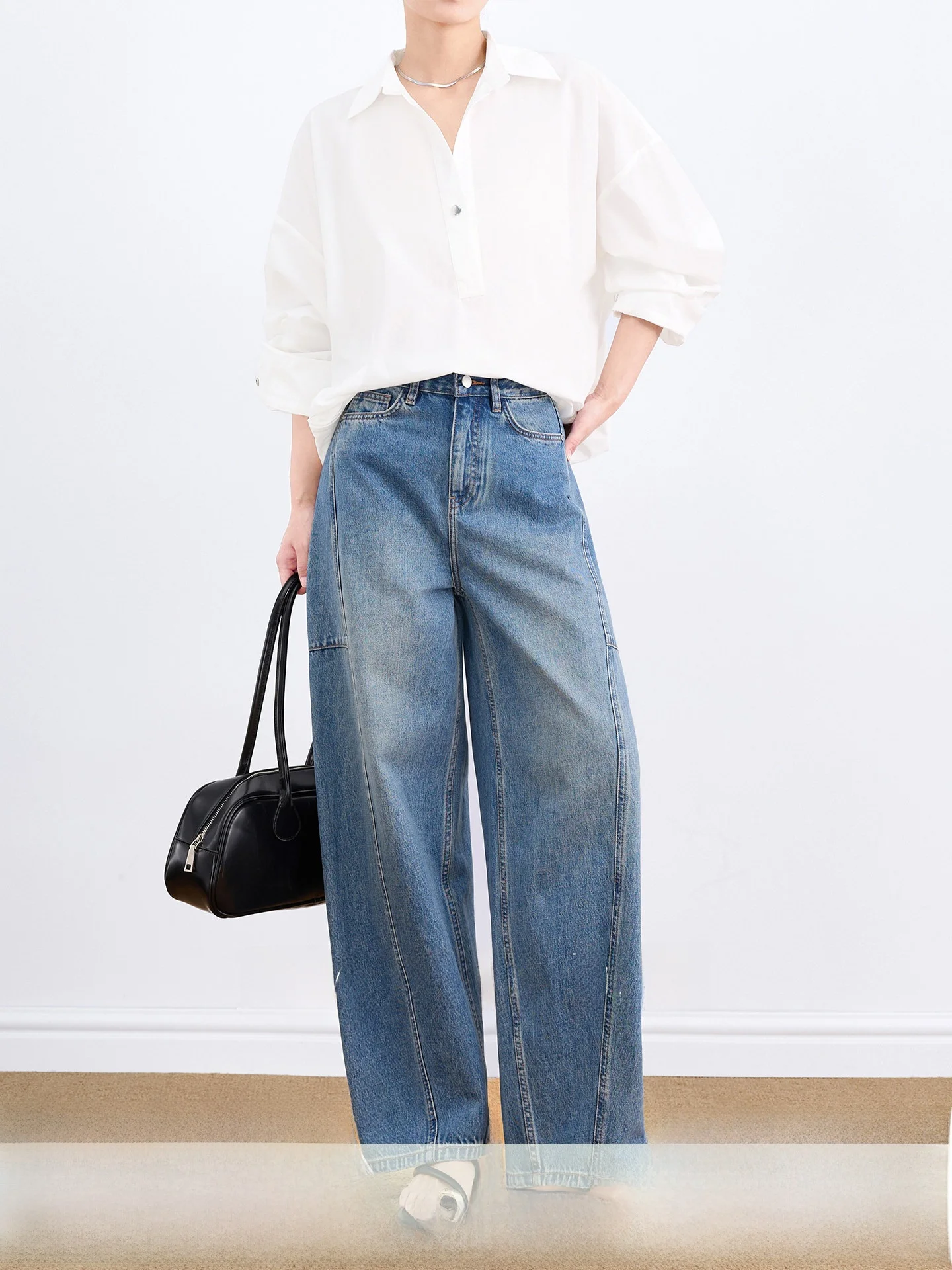 

High Waist Wide Leg Denim Jeans Women's Retro Washed Knife Slimming Casual Jeans Cotton Pure Color Four Seasons Wear