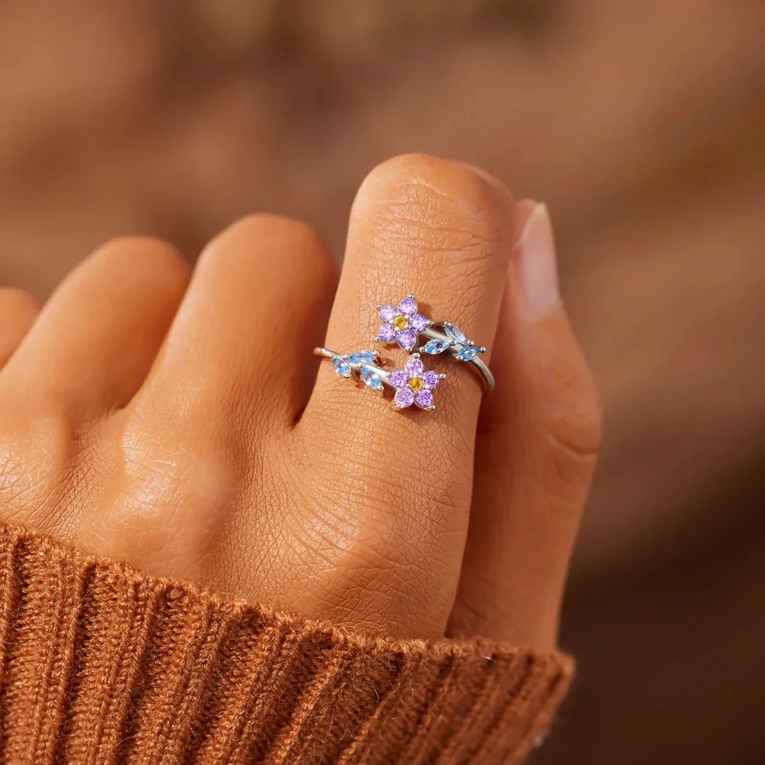 925 Sterling Silver Flower Leaf Rings Women's Fashion Creative Inlaid Zircon Open Finger Ring Jewelry