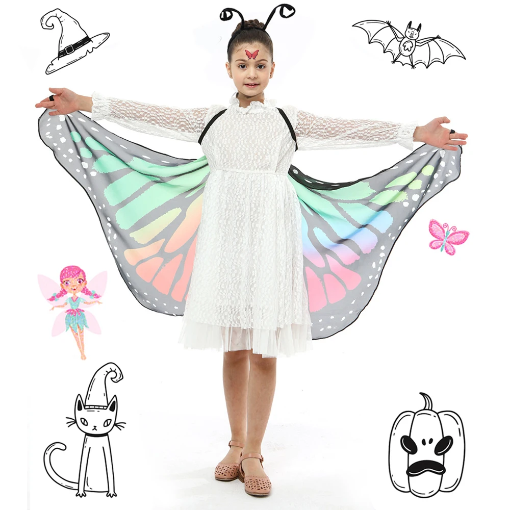 女の子のためのハロウィーンパーティーのコスプレドレス,アクセサリー,プリンセスコスチューム,蝶のマント,妖精の羽