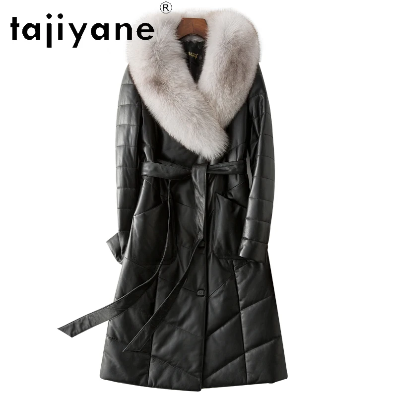 TAJIYANE سترة منتفخة من الجلد الحقيقي للنساء 100% معاطف سوداء طويلة من جلد الغنم مع ياقة من فرو الثعلب ملابس شتوية 2025 doblianка #1