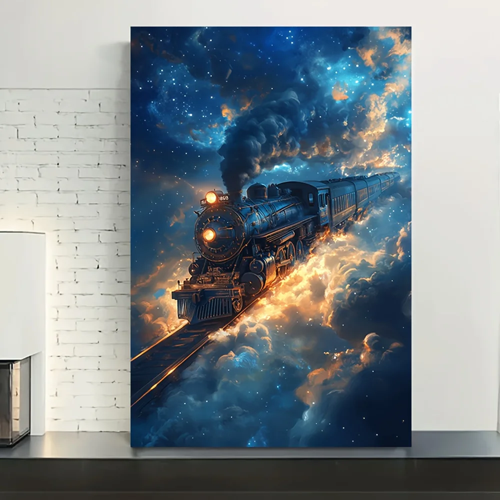 (No frame)2D Flat, 2D Flat, 2D Flat Steampunk Train Canvas Art Print - Unframed Wall Decor, Vibrant Cosmic Sky And Stars, Per