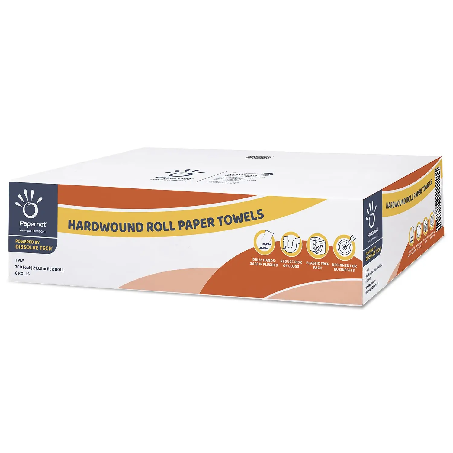 

Hardwound Paper Towels, 6 Rolls, Dissolve Tech, Universal Dispenser Compatible, 1 Ply 700' x 7.8"