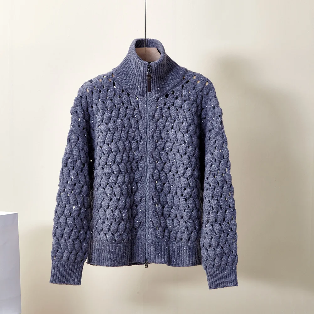 Autumn Winter Stand-up Collar Zipper Knitted Cardigan Women's Hollow Bright Silk Sweater Jacket