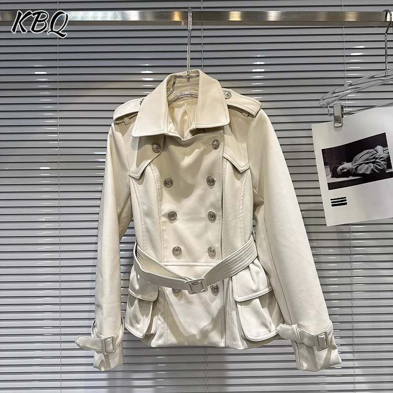 

KBQ Solid Spliced Button Tunic Leather Jacket for Women Lapel Long Sleeve Patchwork Belts Chic Vintage British Coats Female New