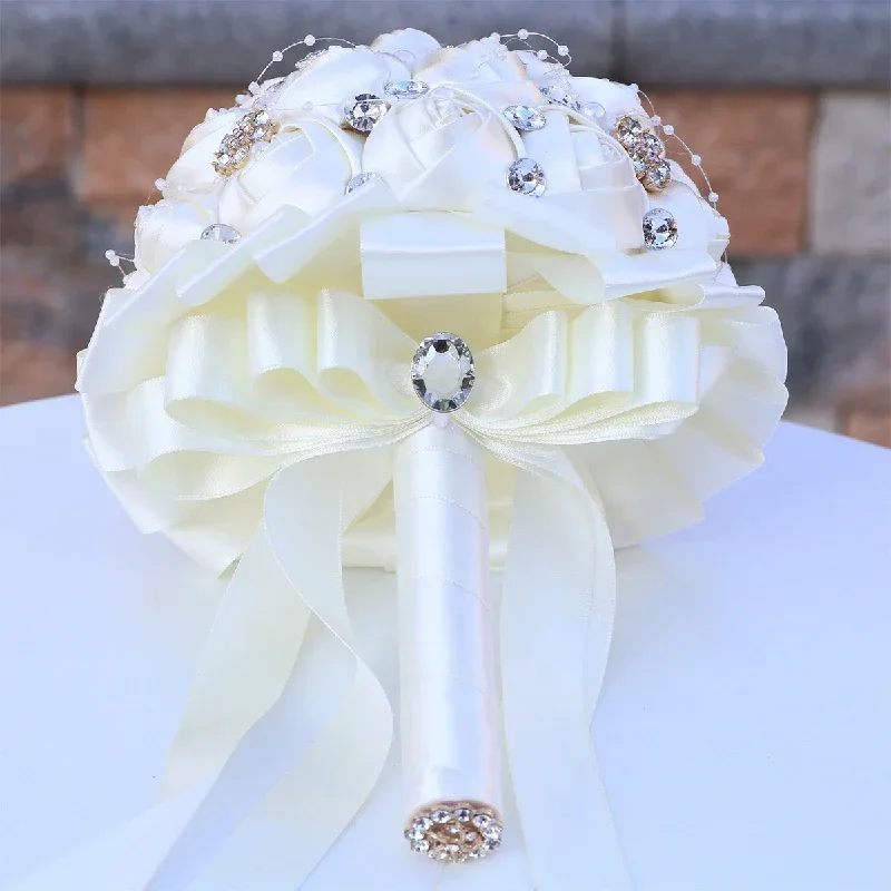 1pc 高級手作りブーケ結婚式用ラインストーンジュエリー装飾リボンローズフラワーブライダルフラワーパーティー装飾ウィッグ接着剤