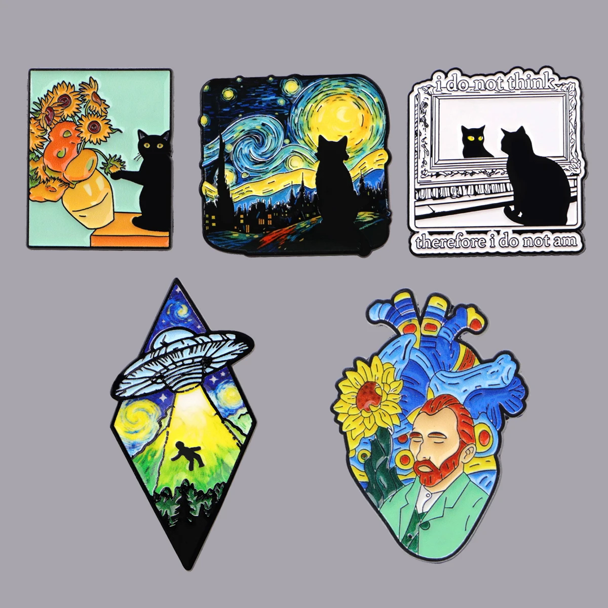 Van Gogh Oli Painting Black Cats Enamel Pin Medical Heart Organ Brooches on Clothes Badge Bag Lapel Woman Men Jewelry Fans Gift