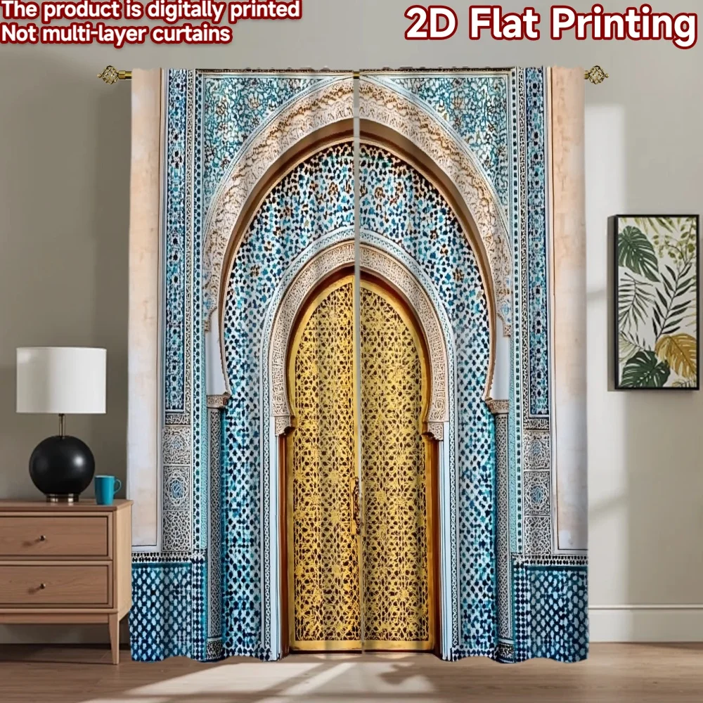 2D flat 2pcs Curtain Vintage drapes and curtains Golden Moorish Arch Mosaic Digitally printed polyester, colorfast Holiday