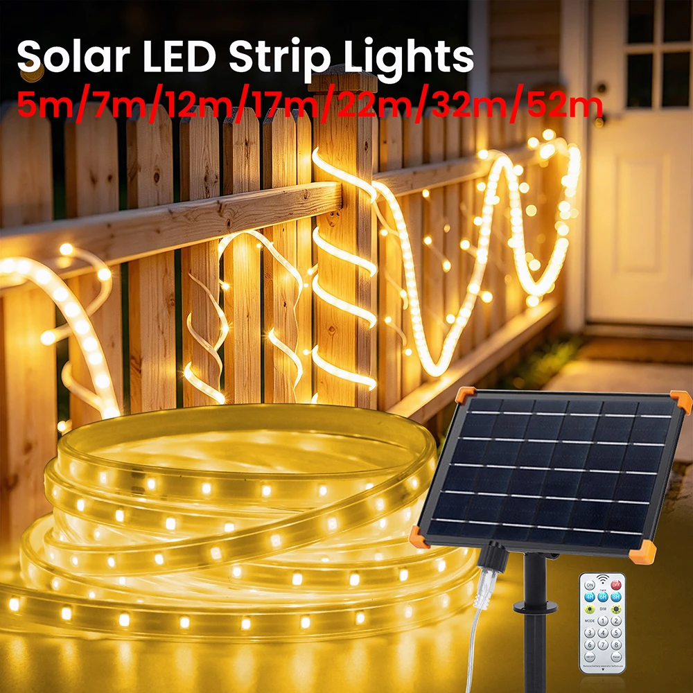 Solar Power LED Strip Light 13key Remote Control 64LED/m 2835 RGB Warm White 24V Waterproof Flex Lamp Auto ON/OFF for Pathway