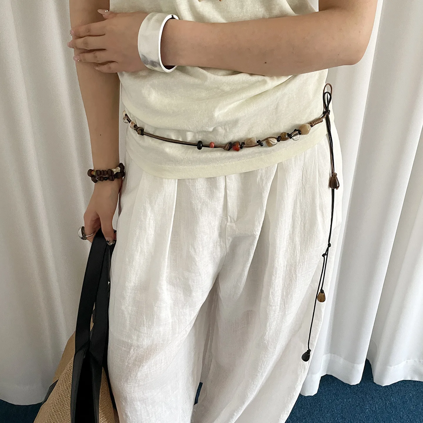 Nova moda contas de madeira artesanal cinto tecido à mão versátil para vestidos jeans e corda de cintura fina feminina