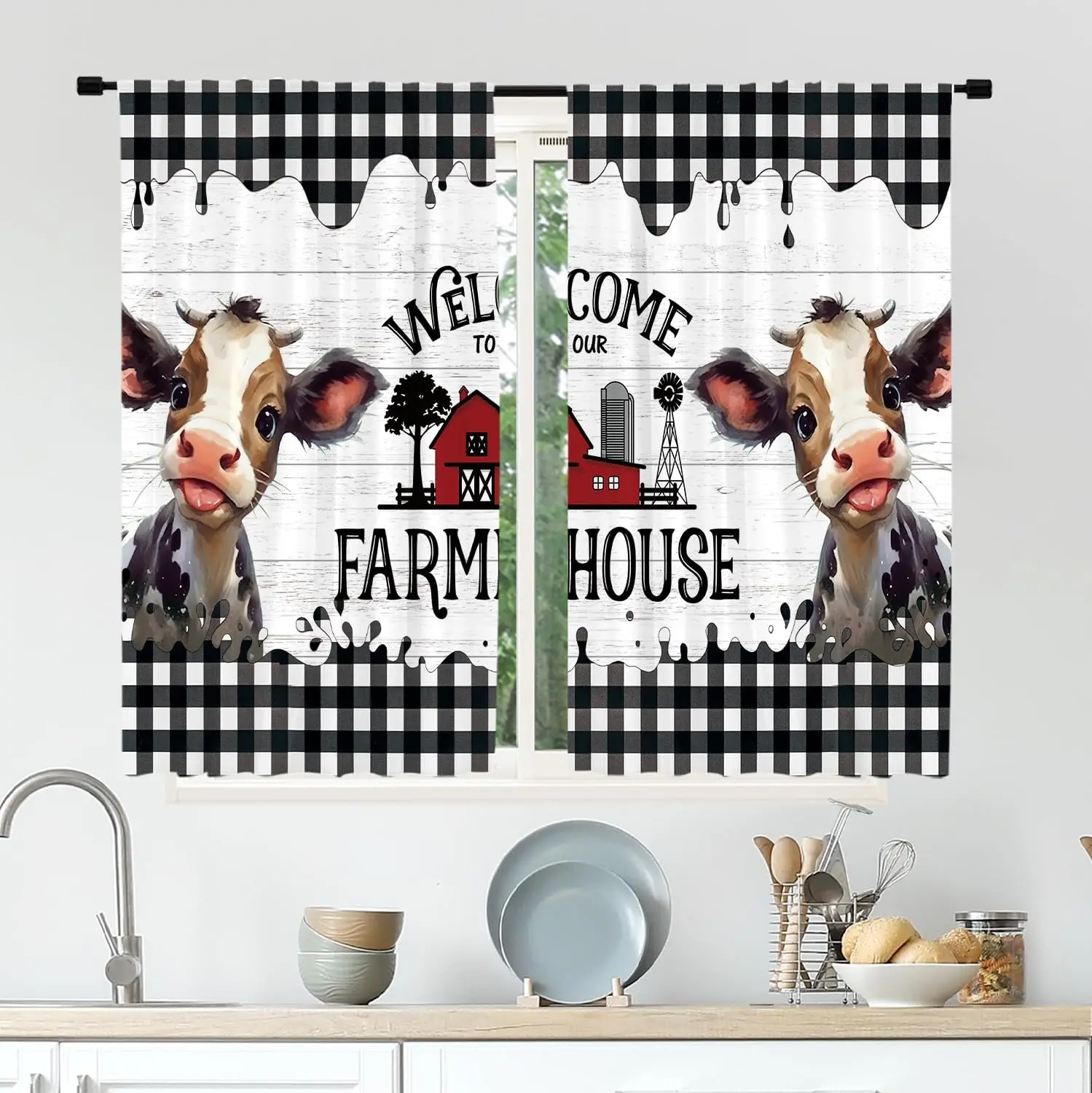 Farmhouse Cow Kitchen Curtains, Black White Buffalo Check Drapes with Rod Pocket, Cute Calf Western Country Window Decor