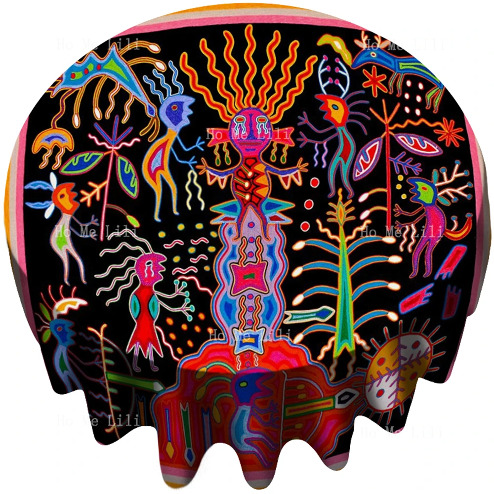 Nierika, Huichol Yarn Picture Depicts The World Of The Gods Round Tablecloth Decorated The Kitchen