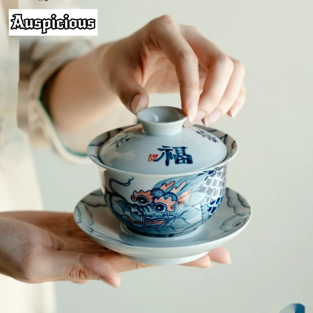 Pure Hand-painted Ink Dragon Tea Tureen Aesthetic Nafu Blue and White Tea Maker Gaiwan Household Teapot Teaware Decoration 200ml