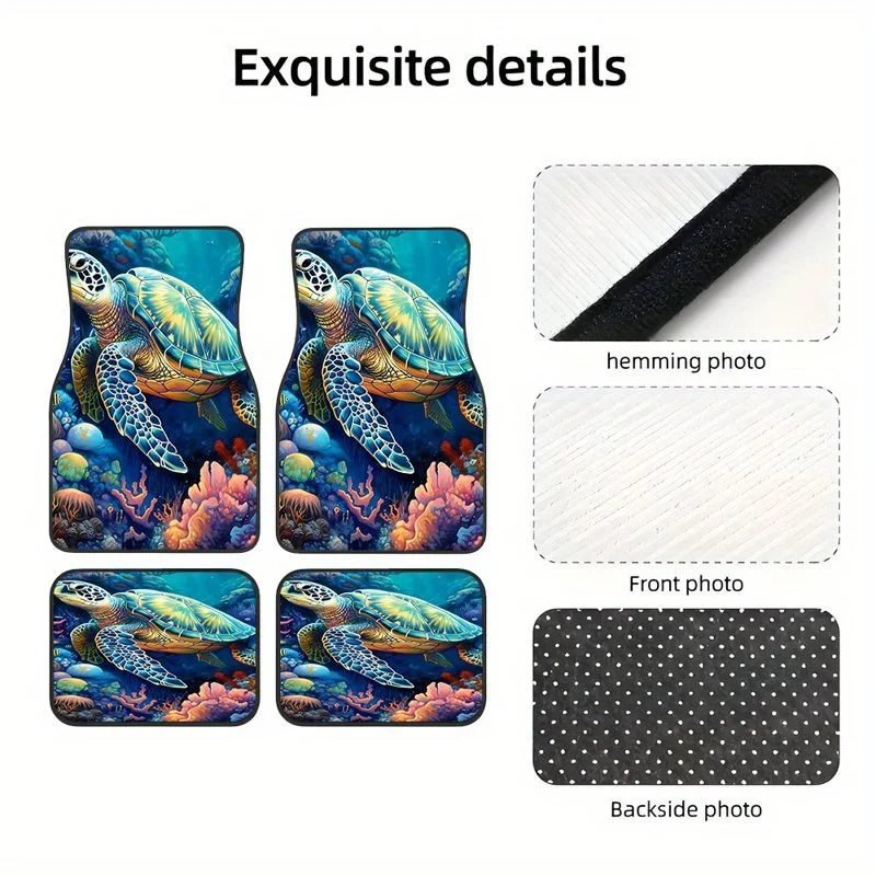 4pcs Turtle Themed Car Floor Mats - Vibrant Underwater Design, Easy To Clean Synthetic Rubber, Pet-Friendly Interior Accessories