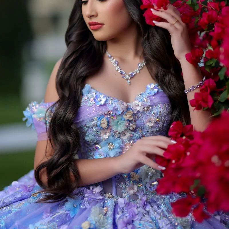 

Shiny Purple Quinceanera Dresses Off the Shoulder Glitter Crystal Decal 3D Flower Long tail Vestido e 15 Quinceanera Customize