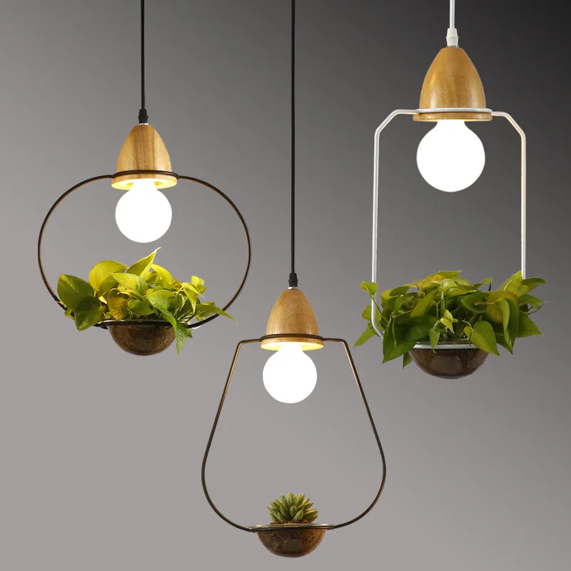 

Originality Modern Pendant Light E27 Holder Hanging Plant Pot Pendant Lamp Wood Iron Glass Droplight For Restaurant Bar Cafe