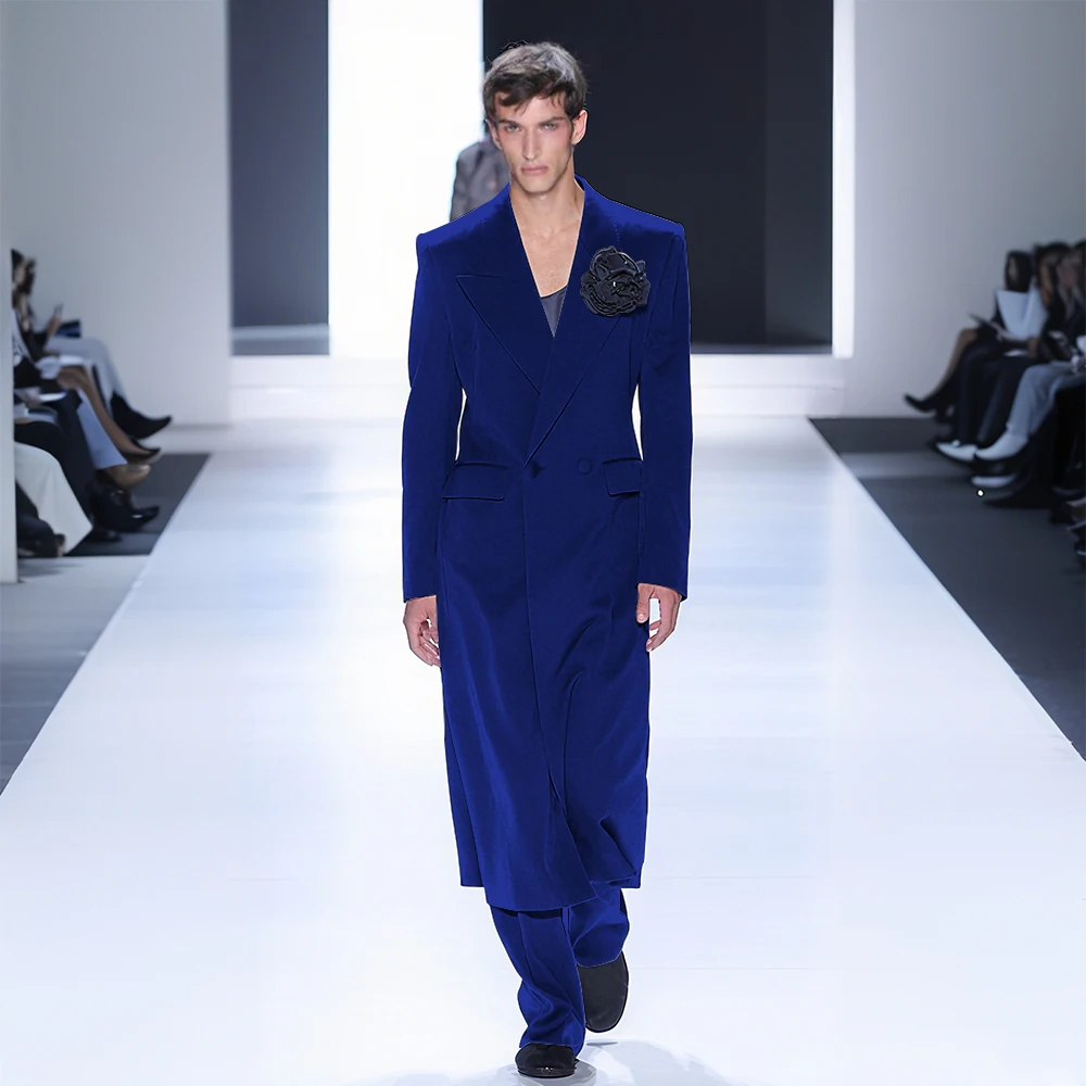 

Solid Color Men's Suit 2 Pieces Double Breasted Peak Lapel Set Daily Fashion Male（Long Blazer+Pants）