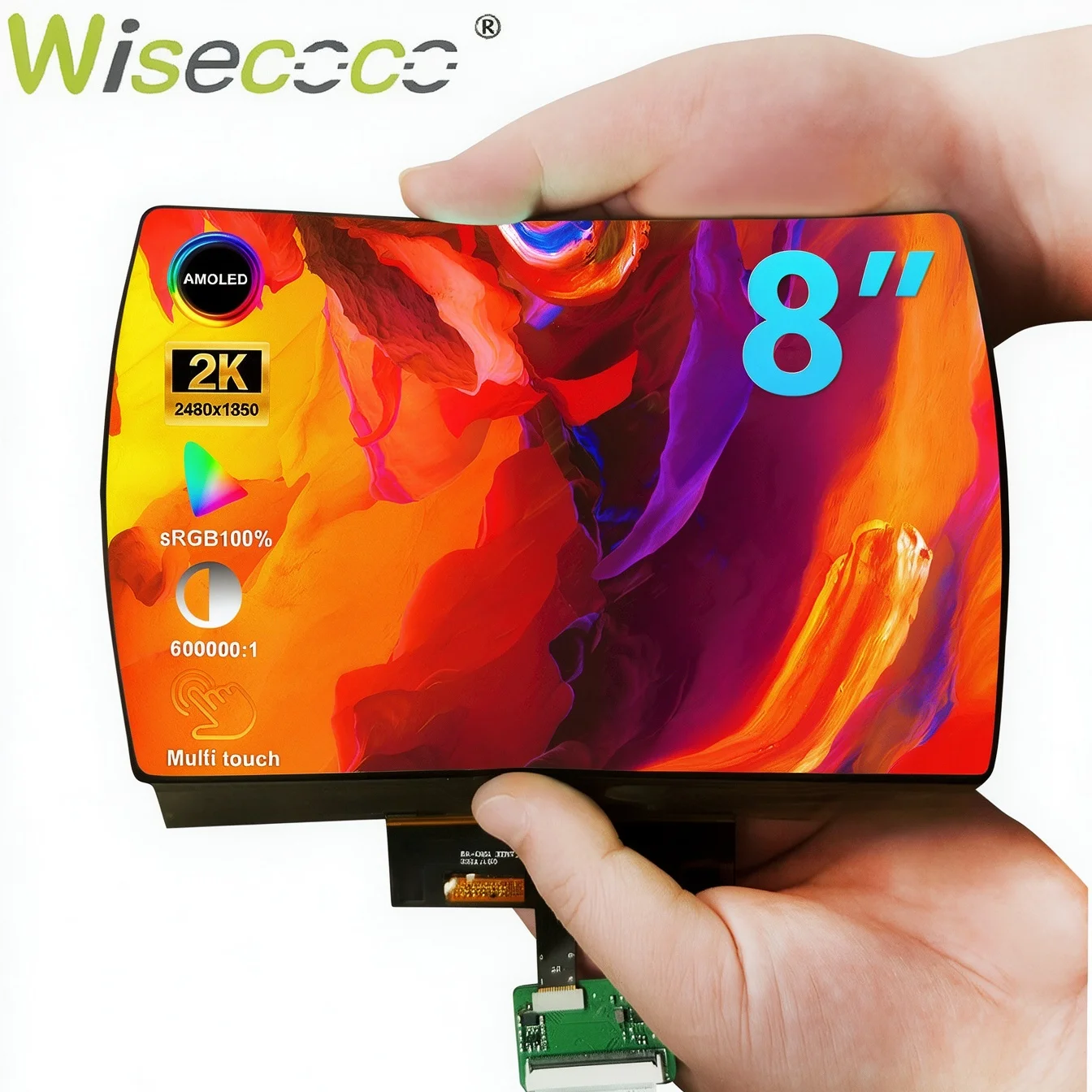 Wisecoco 8 inch Flexible  AMOLED Touchscreen 2480x1860 2K 600nits Bendable Soft Display with Type-C Board for HMI Robot Projects