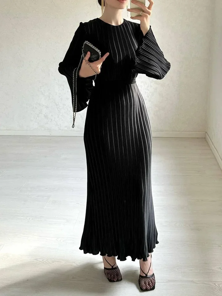 

Muslim Pleated Dress for Women Flare Sleeve Abaya Morocco Ramadan Lace-up Abayas Kaftan Islam Dubai Arab Modest Long Robe