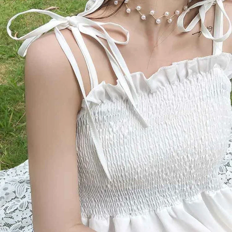 Rimocy Dolce Spaghetti Strap Abito bianco Donna 2025 Estate A Line Fluffy Mini Dress Donna Senza maniche Abiti da festa di compleanno