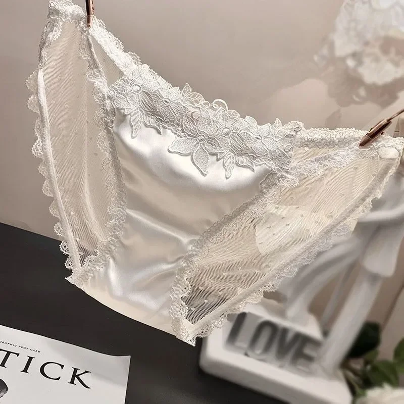 Women Satin Briefs Seamless Panties Smooth Silk-like Underwear Sexy Ladies Flower Underpants Back See Through Mesh Knickers