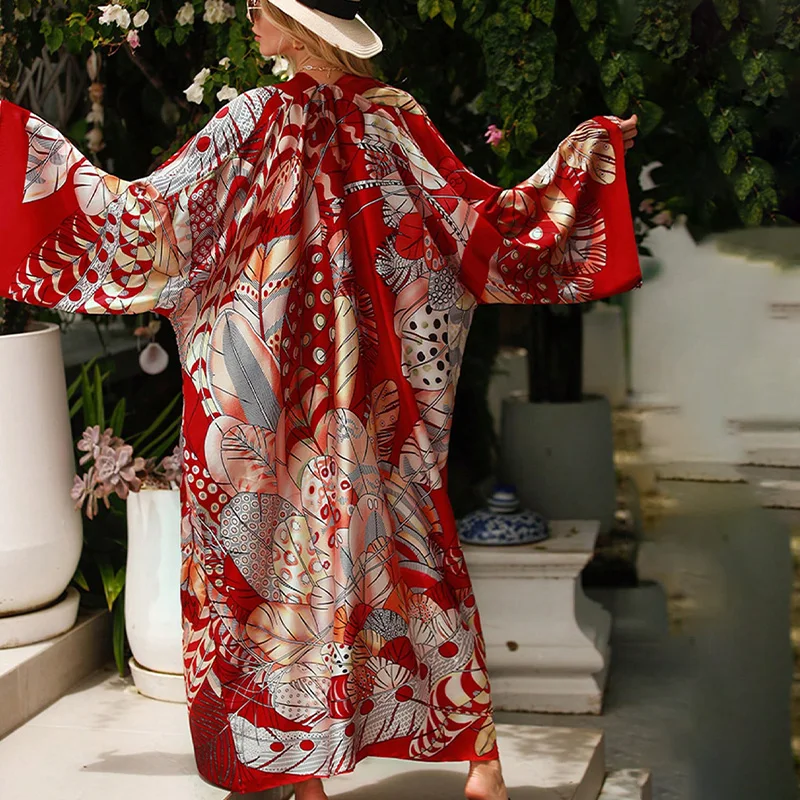 

European and American Retro Elegant Mid-Length Loose Printed Robe Cardigan Kimono Summer Beach Vacation Swimsuit Cover-Up Sun Protection Clothing