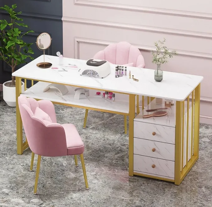 Light Luxury Stainless Steel Modern Design Durable Salon Furniture Nail Table Set With Drawer Stone Surface