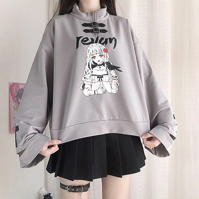 Gothic 2 Piece Set : Anime Print Bell Sleeve Sweatshirt +Black Jk Preppy Style Pleated Skirt Harajuku Lolita Japan Skirt Set