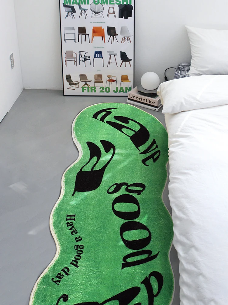 Alfombra "Have A Good Day", alfombra artística minimalista cómoda para mesita de noche, decoración del hogar blanca y verde, alfombras antideslizantes para dormitorio