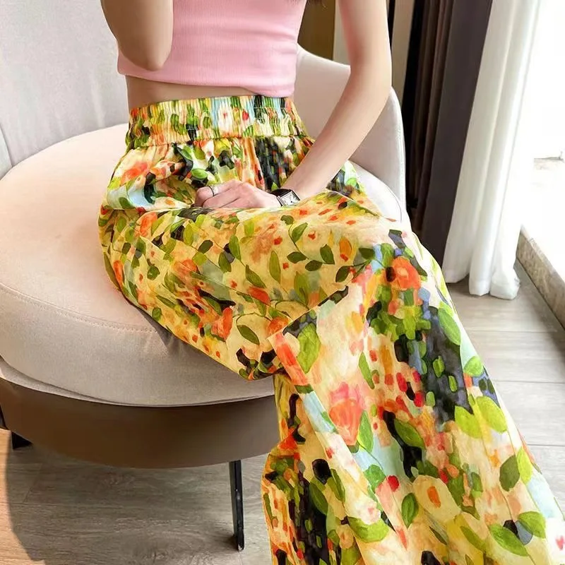 Women's Pants Floral High Waist Loose Wide Leg Drawstring Straight Trousers Thin Comfort Casual Fashion Beach Summer 2024