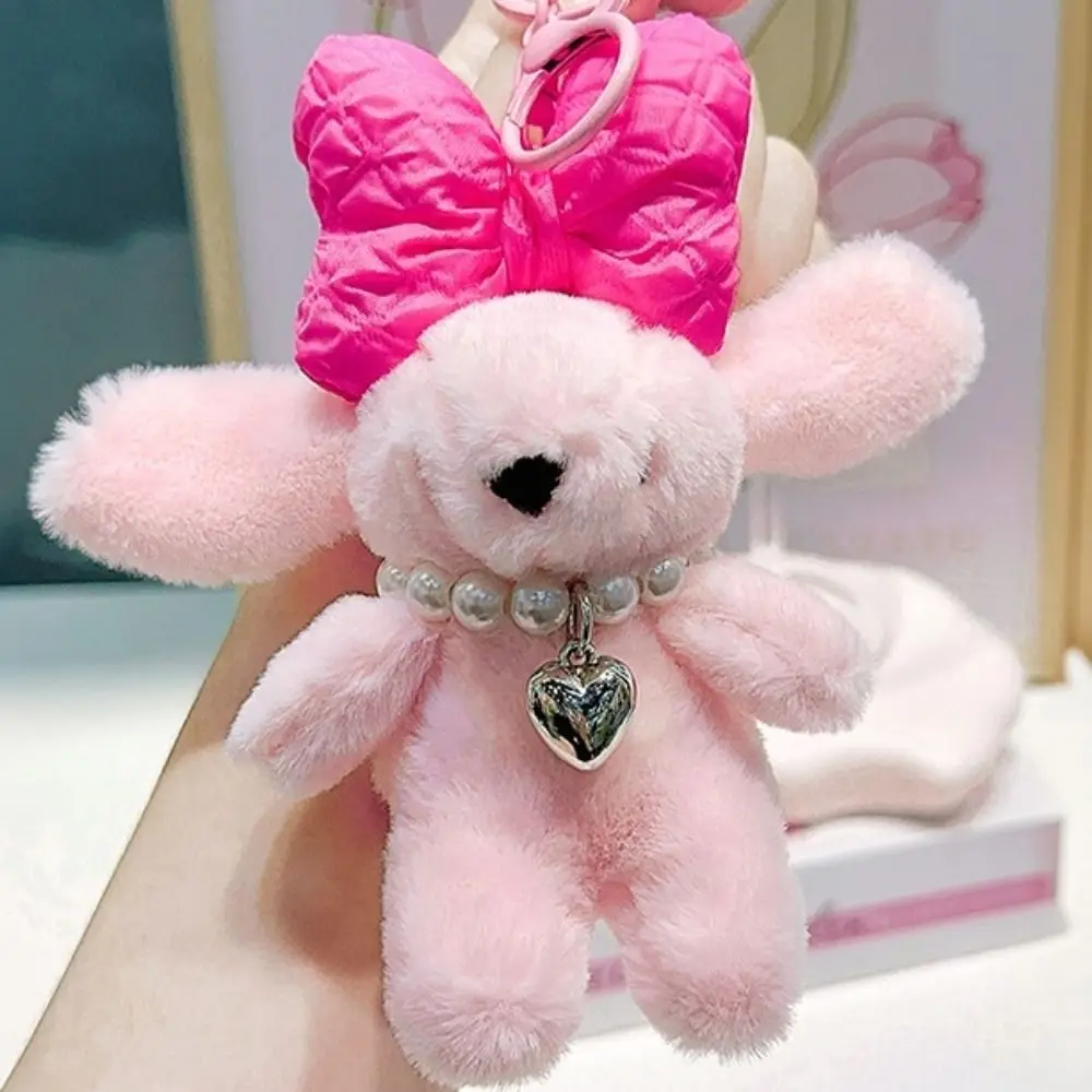 Funny Bowknot Fluffy Bunny Keychain with Loveheart Necklace Chubby Plush Rabbit Pendant Soft Furry Rabbit Fur Keyring Children