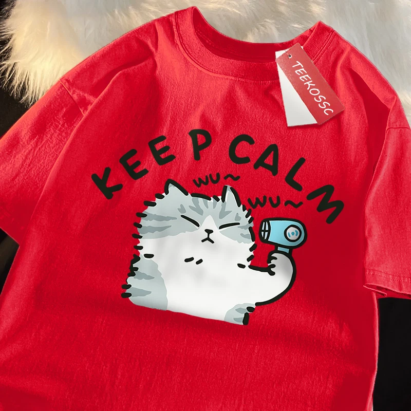 متعة القط باستخدام مجفف الشعر النمط الياباني تي شيرت الرجال لطيف جودة تي شيرت أزياء الملابس القطنية الكرتون فضفاضة قصيرة الأكمام