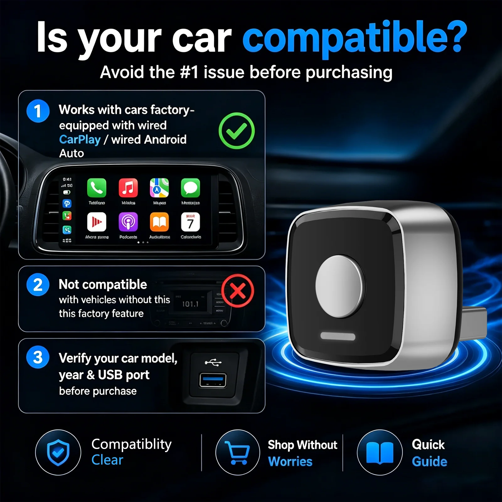 2026 Upgraded Wireless 2-in-1 Car Adapter – Supports iPhone & Android Mini Wired-to-Wireless Adapter for CarPlay & Android Auto